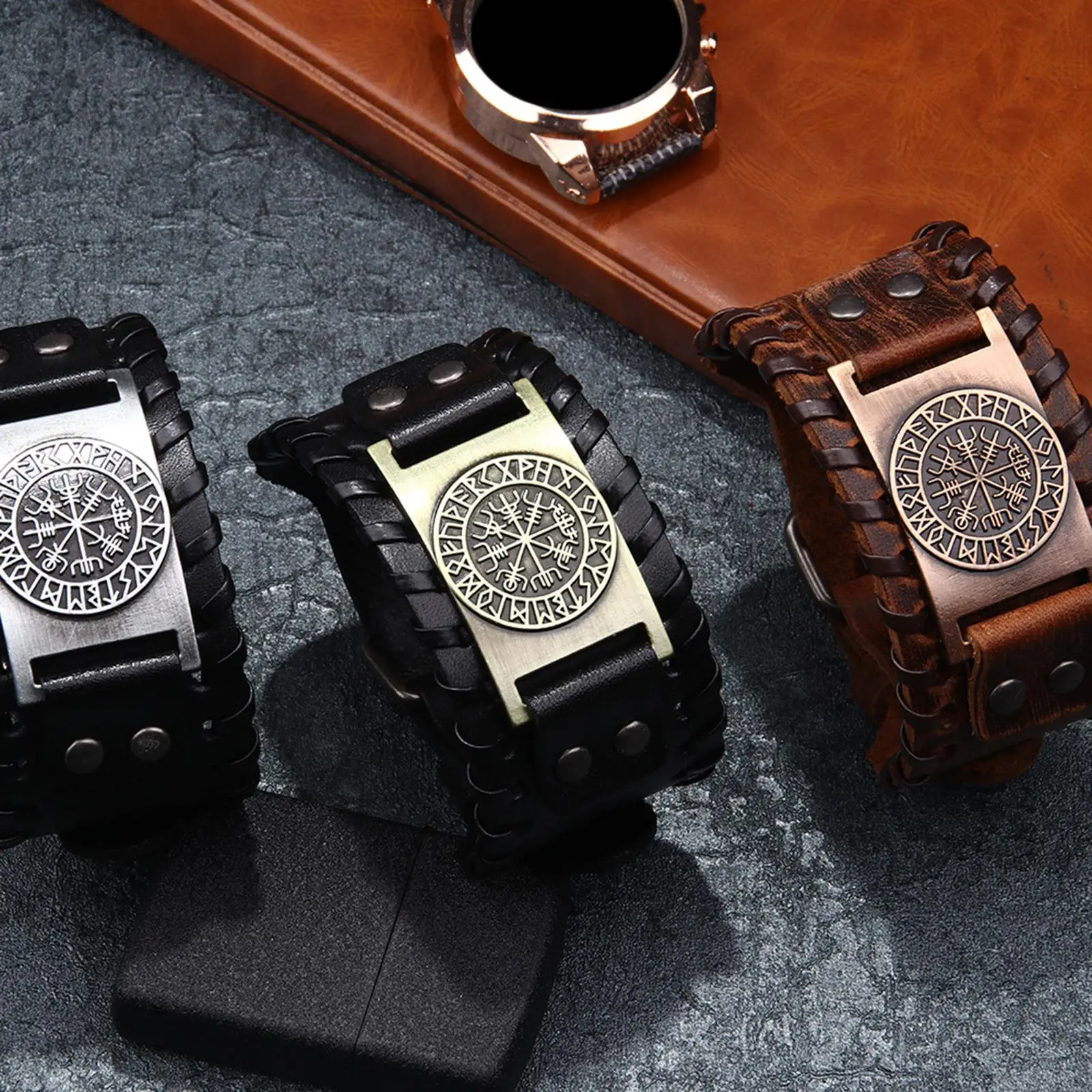 Adjustable Black Leather Cuff Wide Bracelet Alloy Wristband Trendy Bangle for Men Party Accessories