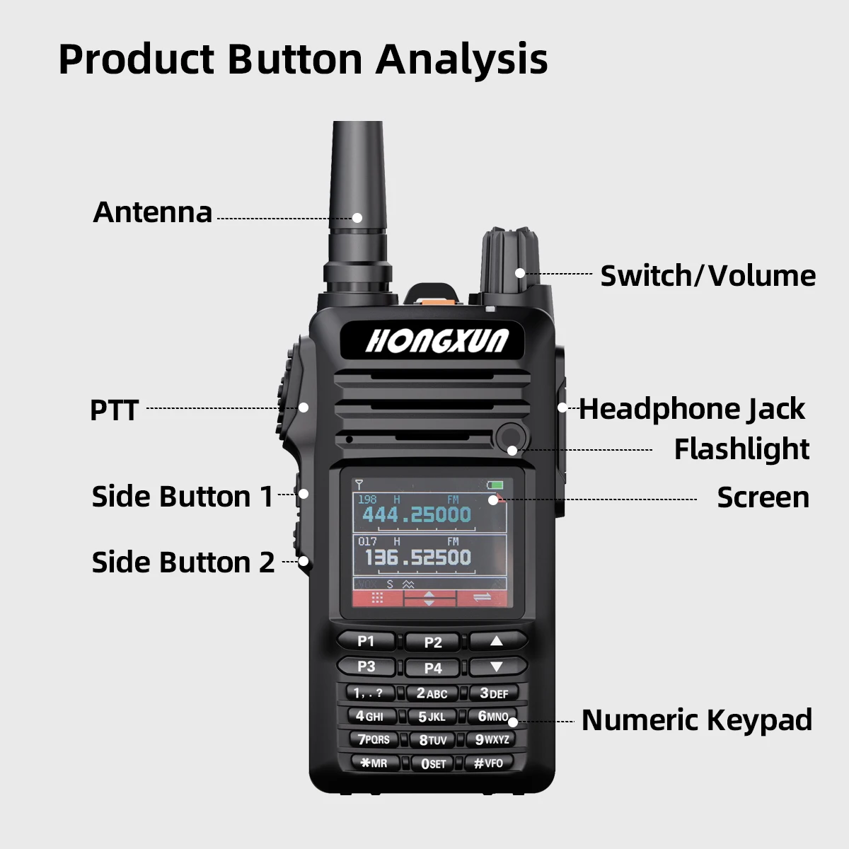 HX-DP4600 Walkie Talkie 7W UHF/VHF 4-Band One-Key Pairing Channel Scan Color Display Large-Capacity Battery Built-in Flashlight