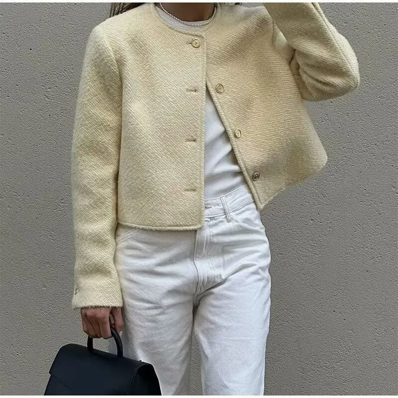 Spring and Autumn Women's Clothing Small Fragrance Style Solid Color Woolen Elegant Round Neck Jacket Jacket Top