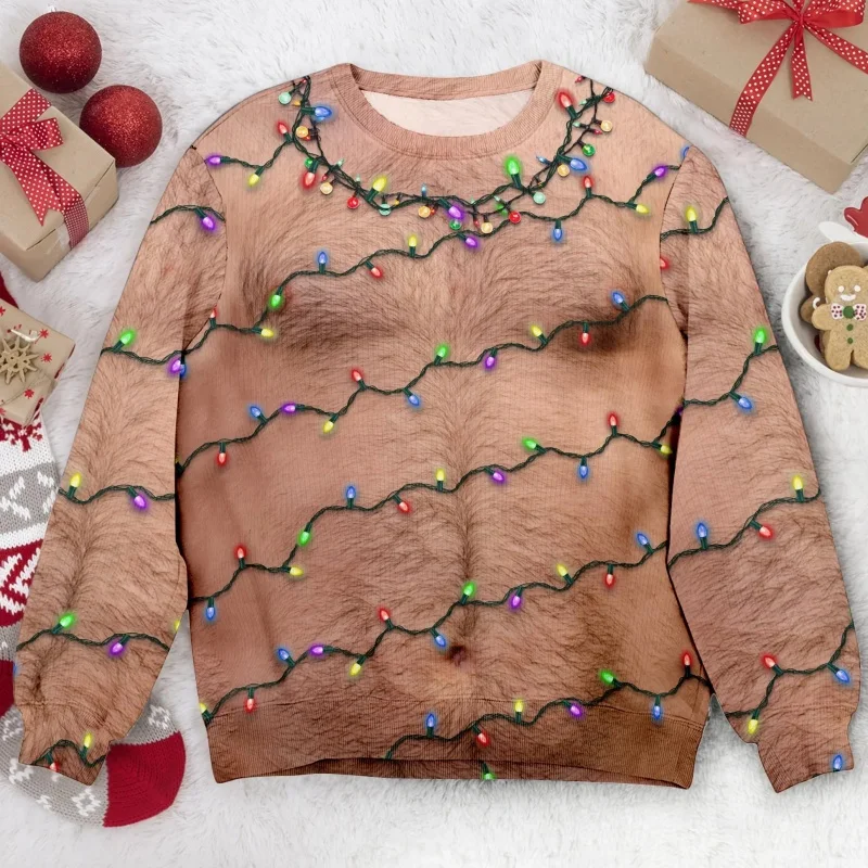 3D طباعة وهمية بيكيني الصدر الشعر البلوز للرجال النساء القبيح عيد الميلاد نمط البلوفرات عارضة جولة الرقبة طويلة الأكمام هوديس #3