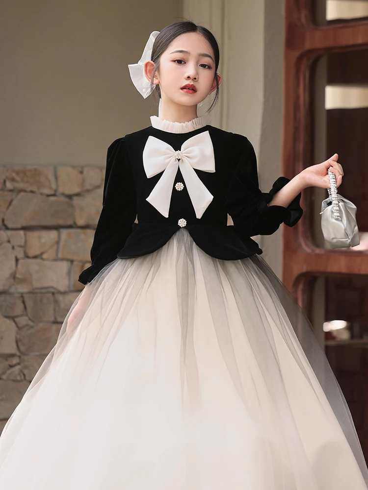 Dziewczęca sukienka księżniczki z wysokim kołnierzem i kokardą na piersi z długim rękawem do podłogi Elegancka sukienka dziecięca Sukienka dla młodszej druhny/Niestandardowe