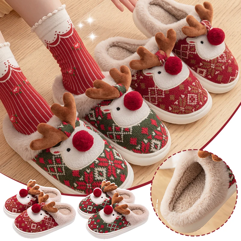 

Women's Winter Warm Cotton Slippers with Cute Christmas Deer Design Non-Slip Cozy Indoor House Shoes for Home