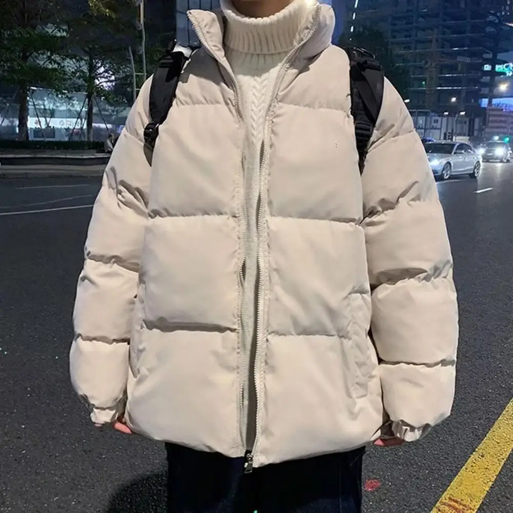 Men Parkas For Winter Thickened Stand Collar Zipper Placket Cotton Coat Jacket Solid Color Puffer Outwear With Side Pockets