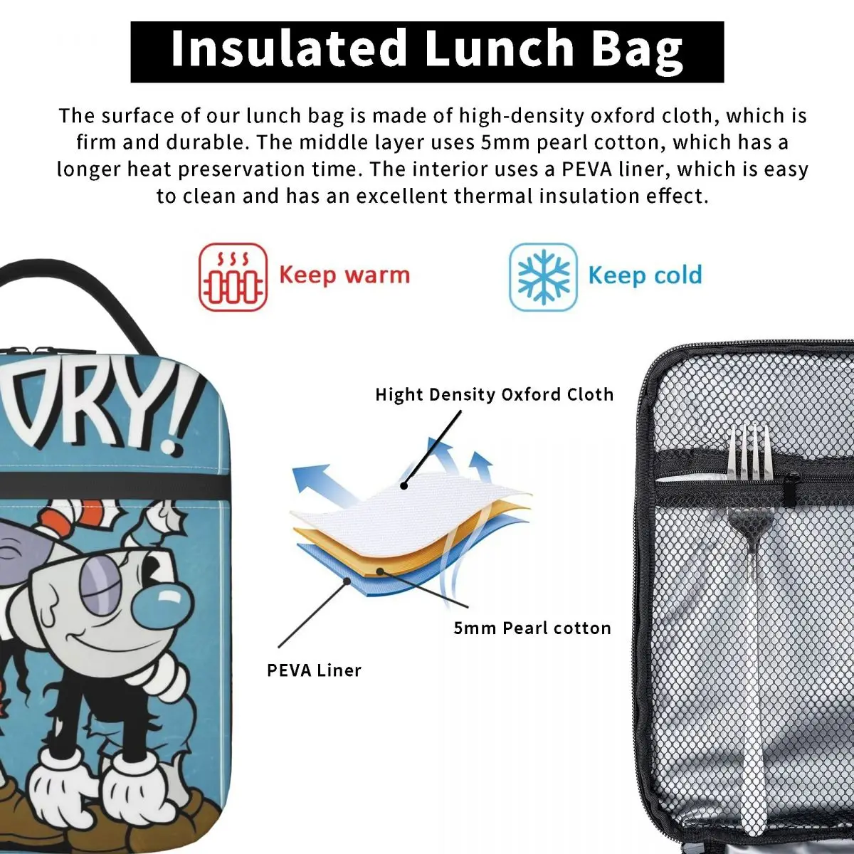 Cuphead And Mugman Anime Thermal Insulated Lunch Bag for Picnic Dope Cartoons Portable Bento Box Thermal Cooler Lunch Boxes