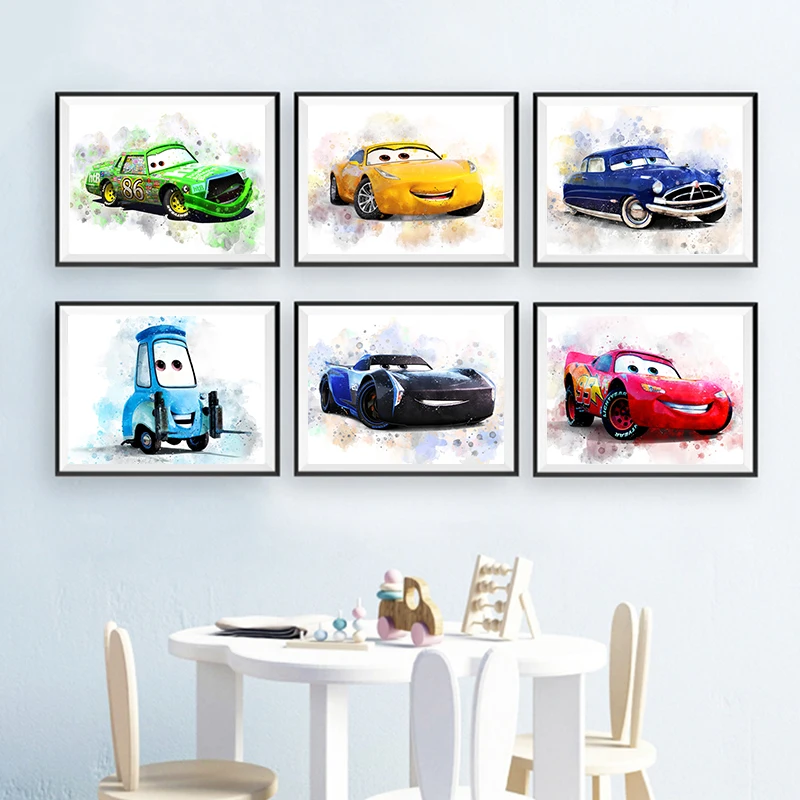 Disney Cars Canvas Painting Watercolor Cartoon Lightning McQueen Poster Prints Nordic Wall Pictures For Kids Room Home Decor