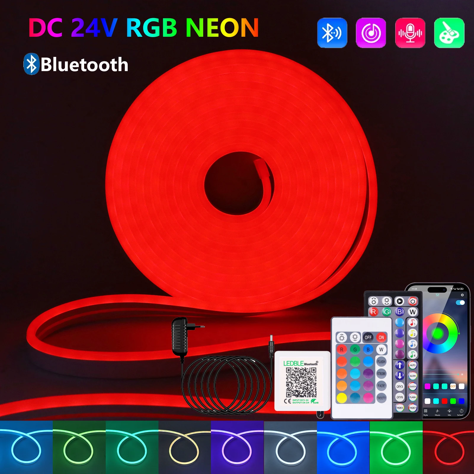 

24V RGB Неоновая светодиодная лента 5M 10M 15M 20M Светодиодная неоновая веревочная подсветка Музыка Sync APP Пульт дистанционного управления Неоновая лента RGB для спальни Игровой комнаты