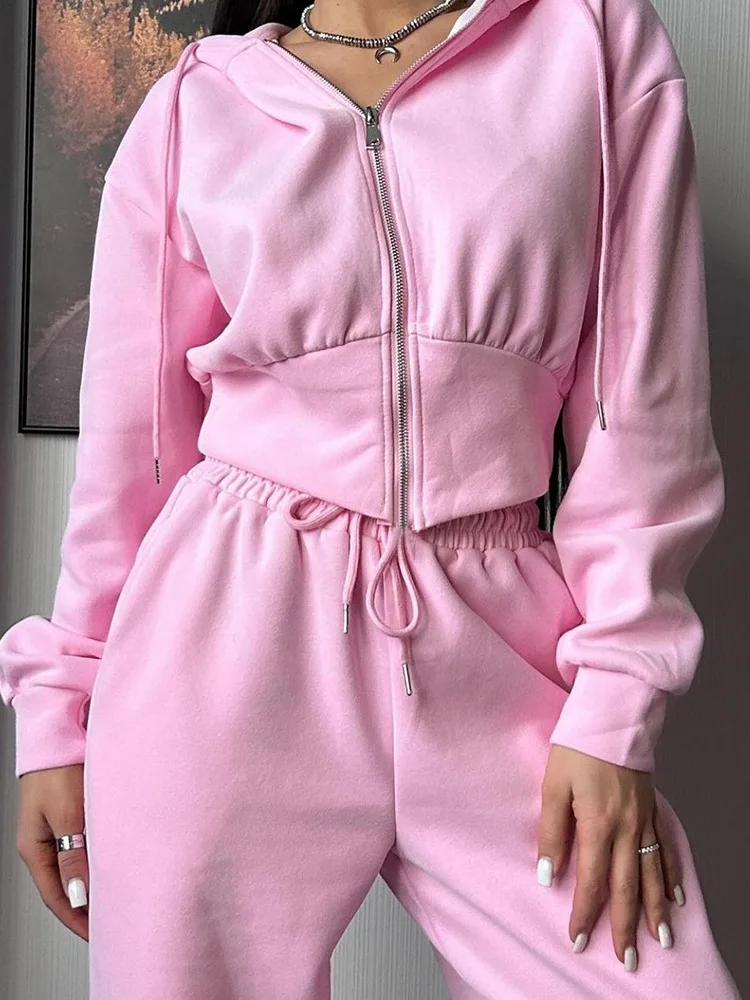 Women's Casual Tracksuit, Short Zip-Up Hoodie, Loose Wide Leg Pants Two-Piece Set