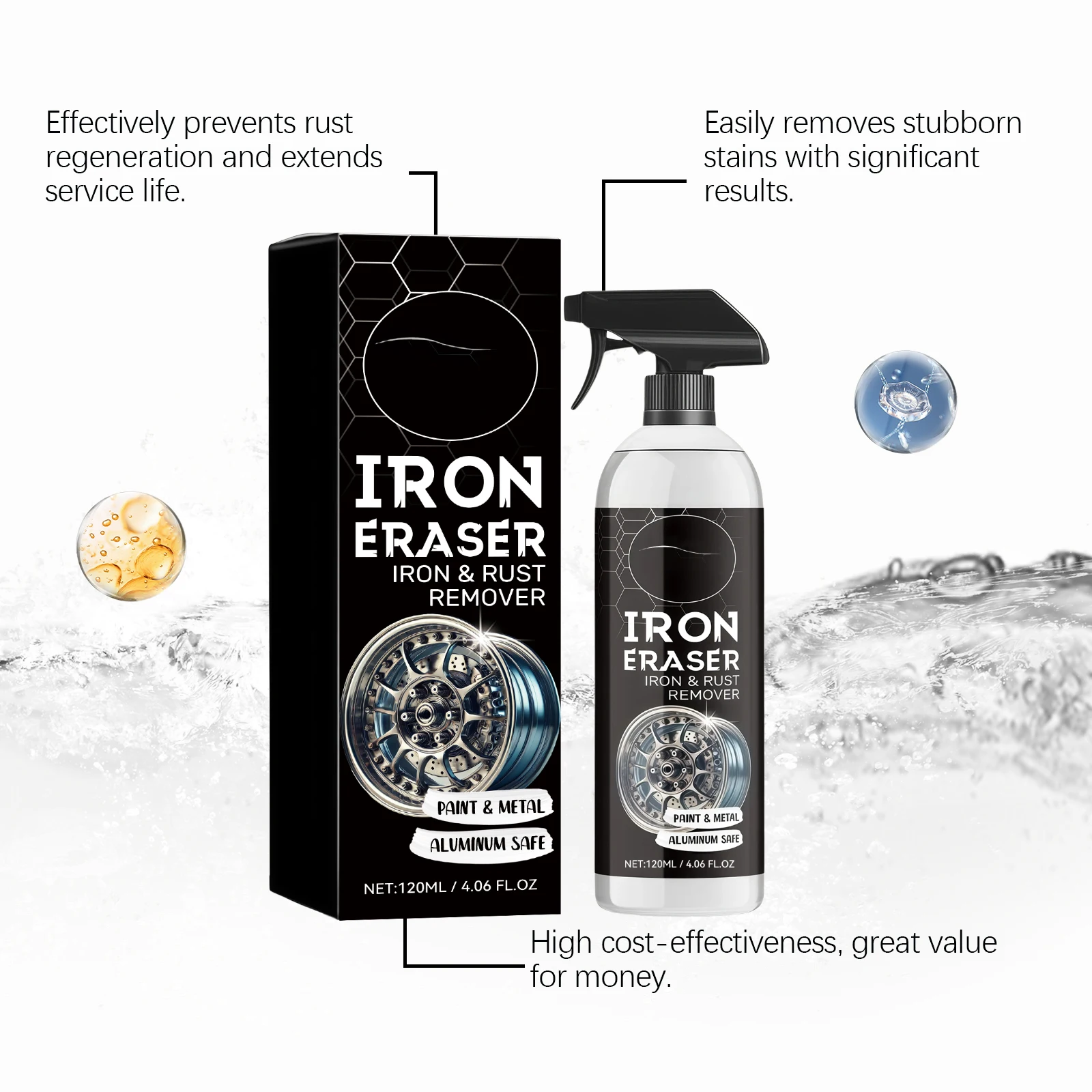120ML Auto Rust Cleaner Effective Dissolve Rust Stains Polishing Gloss Remove Black Spots Car Rust Remover for Wheel Hub, Brake