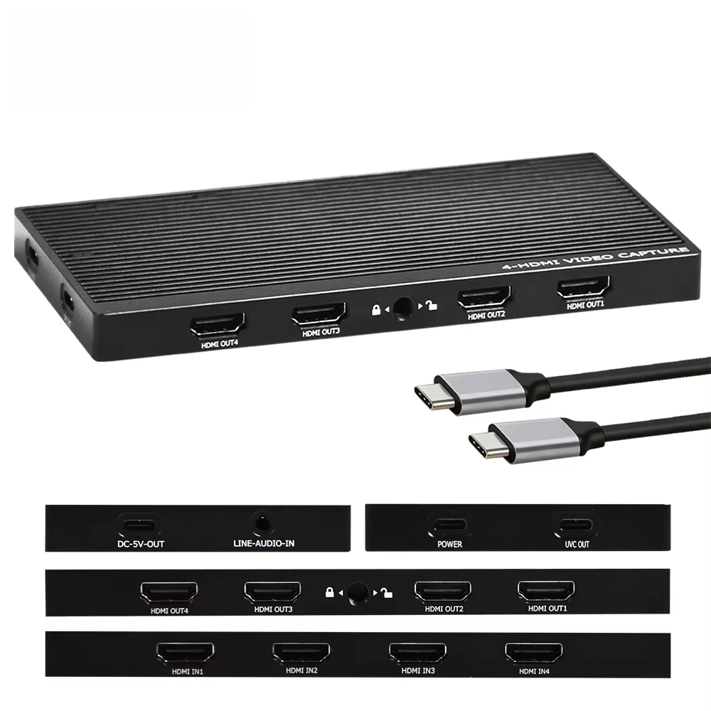 4 Channels 4K60 HDMI Capture Card 4 in 1 Out UVC USB 3.0 Video Capture with 4 HDMI Loopout for OBS