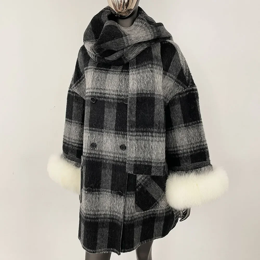 MENINA 2024 Cappotto invernale da donna Polsino in vera pelliccia di volpe naturale Turn-down Giacca in misto lana double face Spessa calda Casual Overwear