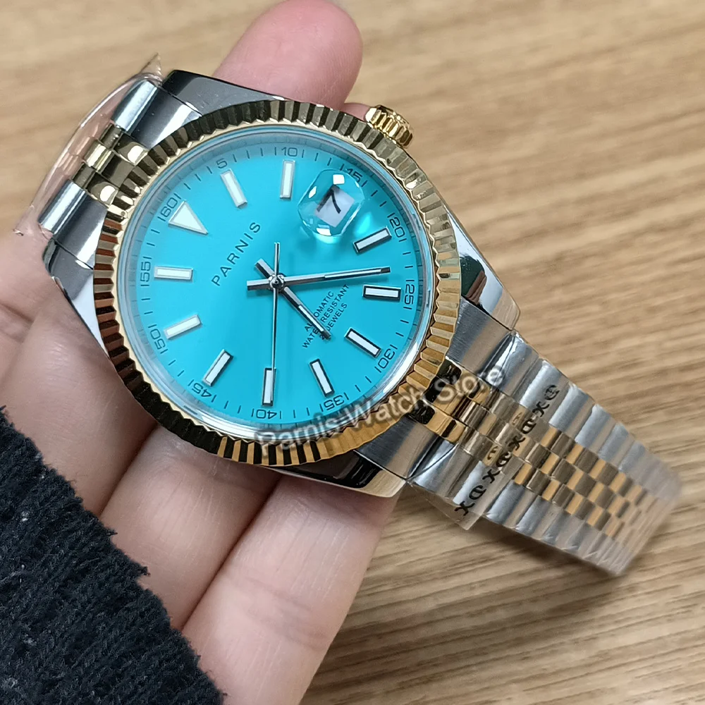 Parnis 39.5mm Gold Color Bezel Japan Miyota8215 Automatic Movement Blue Dial Luminous Marker Men's Wristwatch