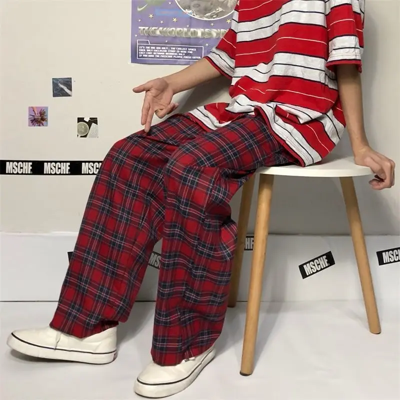 Women Gothic Korean Fashion Oversized Wide Leg Sweatpants Harajuku Red Plaid Classic Pants Streetwear Checked Trousers 2023 Pop