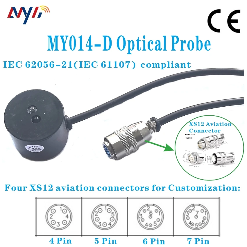 Sonde optique pour station d'étalonnage, 4 broches, 5 broches, 6 broches, 7 broches, XS12 Cayconnector TTL Half-Duplex Near IR Signal IEC61107 DLMS