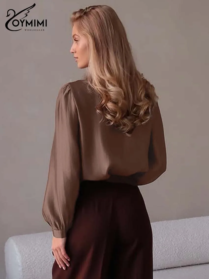 Oymimi Fashion Borwn O-Neck Woman Blouses Elegant Long Sleeve Lace-Up Solid Blouses Autumn Casual Single Breasted Shirts Female