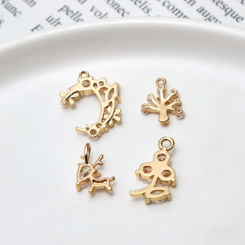 1pcs Diy Jewelry Accessories Cast Copper Micro-set Zircon Moon Flower Small Tree Deer Pendant Earrings Material Handmade Charms