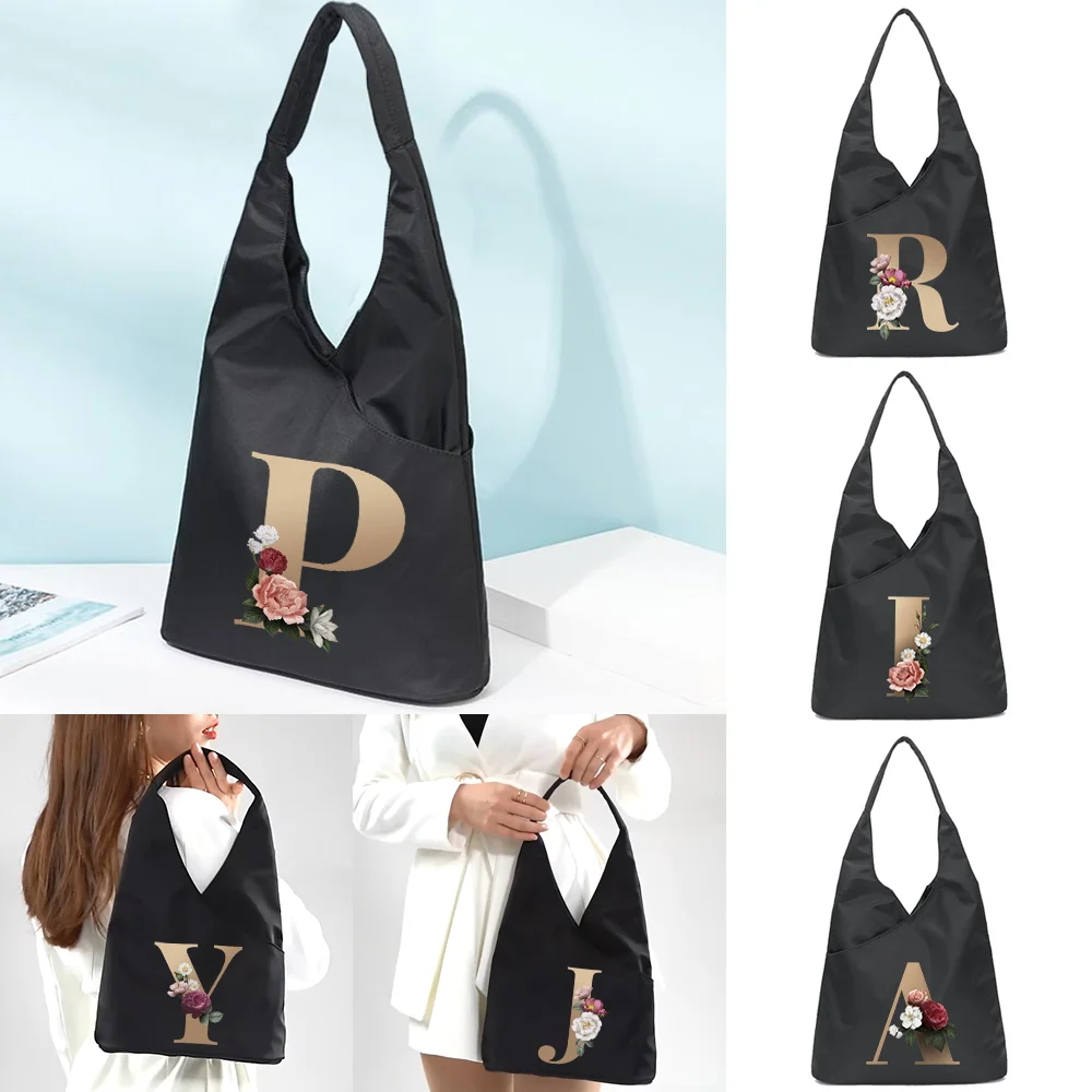 

Eco Nylon Handbag Trend Gold Letter Reusable Shopping Bag Tote Women New Thick Portable Supermarket Folding Pouch shoulder Pack