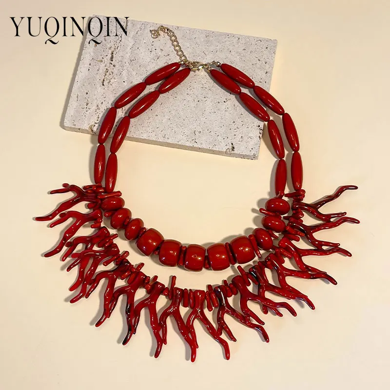 New Vintage Retro Bohemian Long Necklaces for Women Multilayer Red Coral Beads Thick Chain Pendant Necklace Big Fashion Jewelry