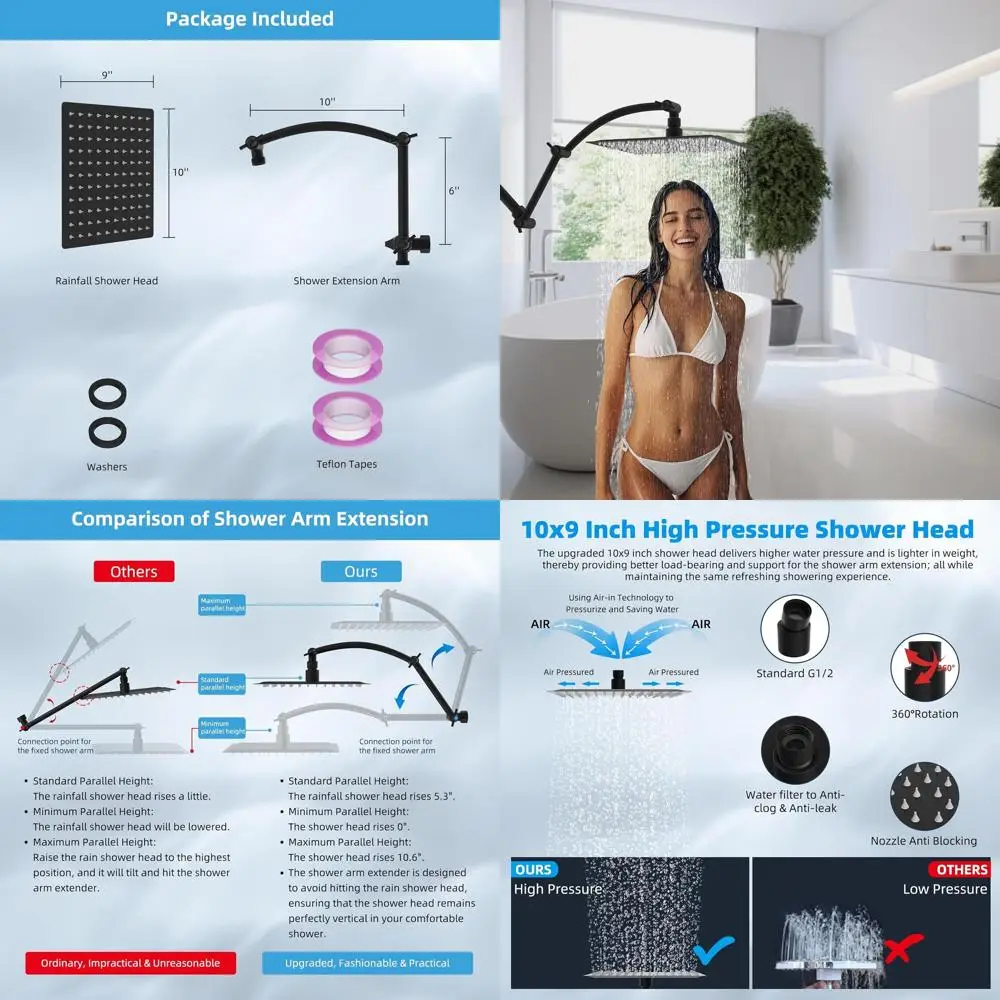 

10 High-Pressure Rain Shower Head with 16 Extension Arm, Matte Black, Solid Brass Extender