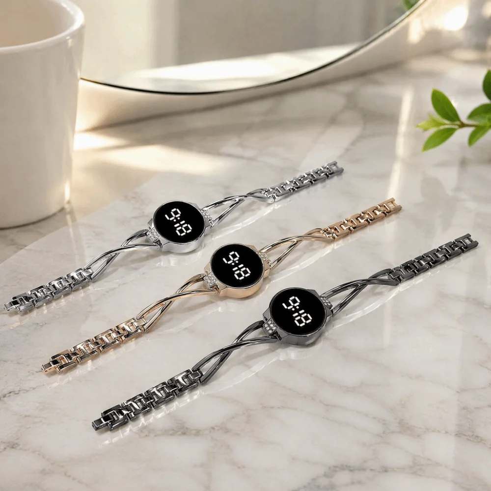 Electronic Touch Screen LED Watch Rhinestone Metal Bracelet Touch Screen Watch Round Steel Band Digital Watch Girls