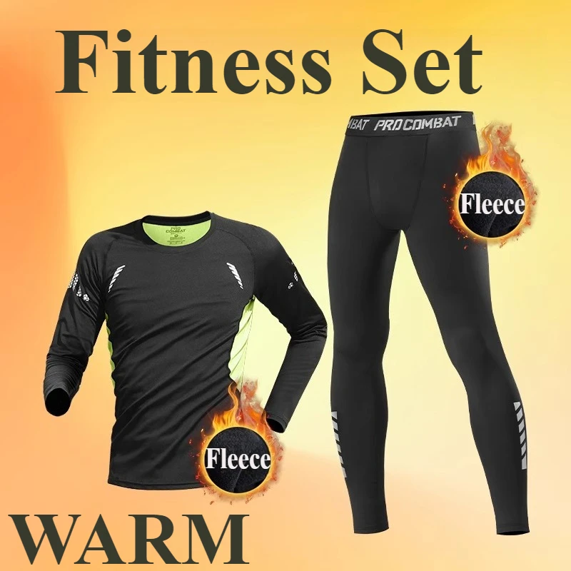 2 Pcs Winter Men's Sports Leisure Warm Underwear Running Set Comfortable Large Stretch Athlete Round Neck Top Versatile Pants