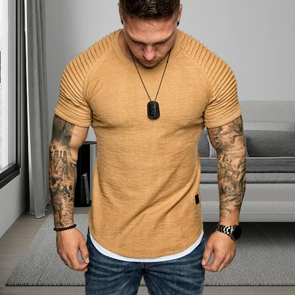 Men Cotton Blend T-shirt Men\'s Summer Pleated Wrinkled Raglan T-shirt Slim Fit Solid Color Pullover Tops for Streetwear Style