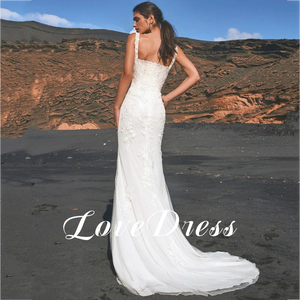 2024 abito da sposa con colletto quadrato con strascico staccabile senza maniche in pizzo Applqiues Boho Mermaid Bride Robe Backless Robe de mariée