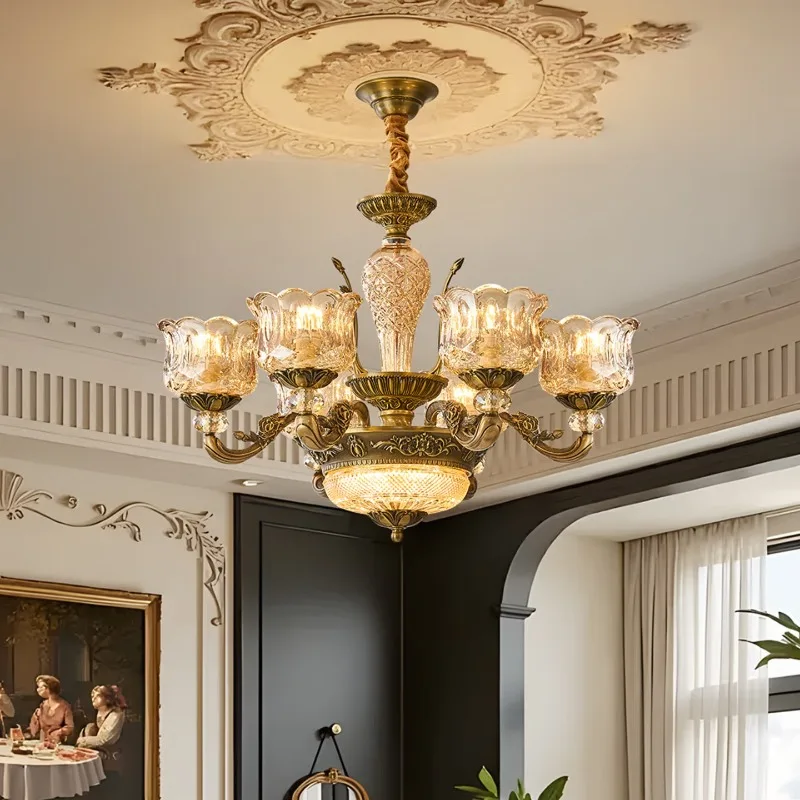 Chandelier light luxury hall living room main light dining room lamp, all copper 6 heads - with full spectrum