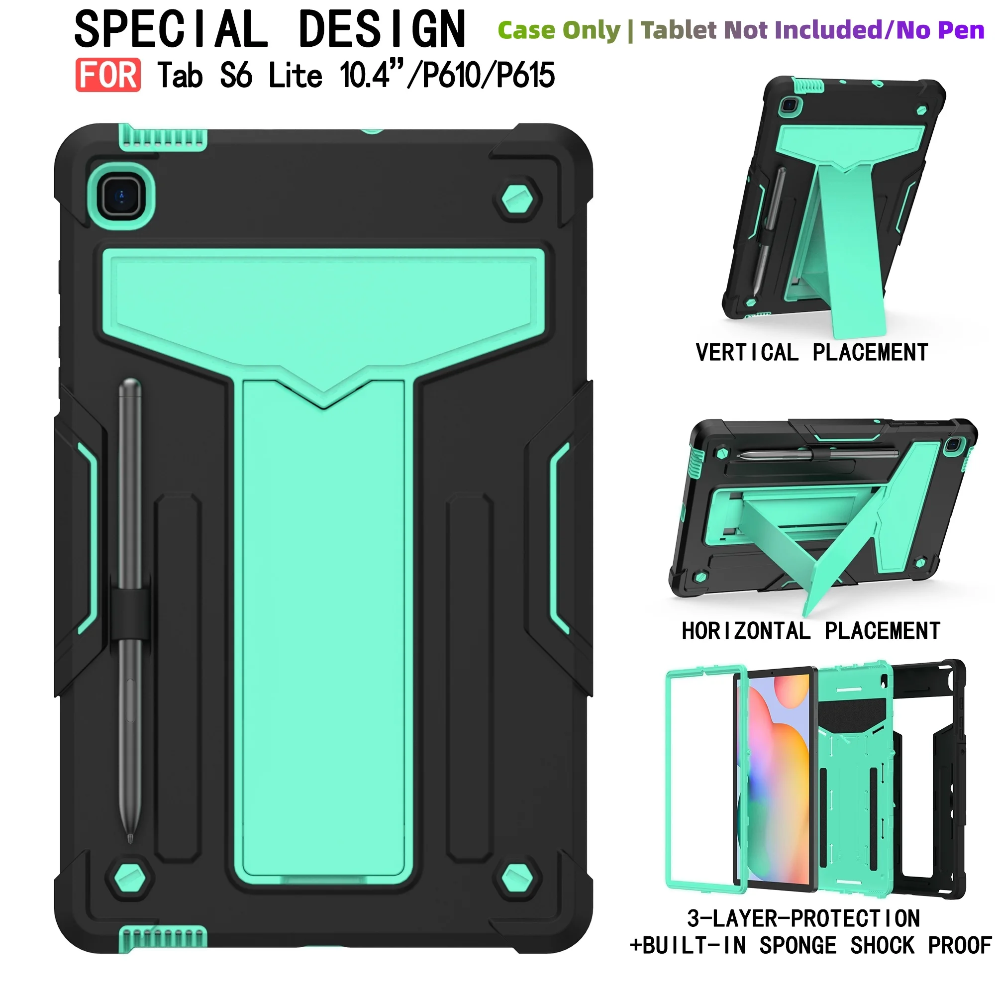 

Case For Galaxy Tab S6 Lite 10.4'' 2024/2022/2020 (SM-P620/P610/P613/P615)Heavy Duty Shockproof Cover with kickstand/Pen Holder