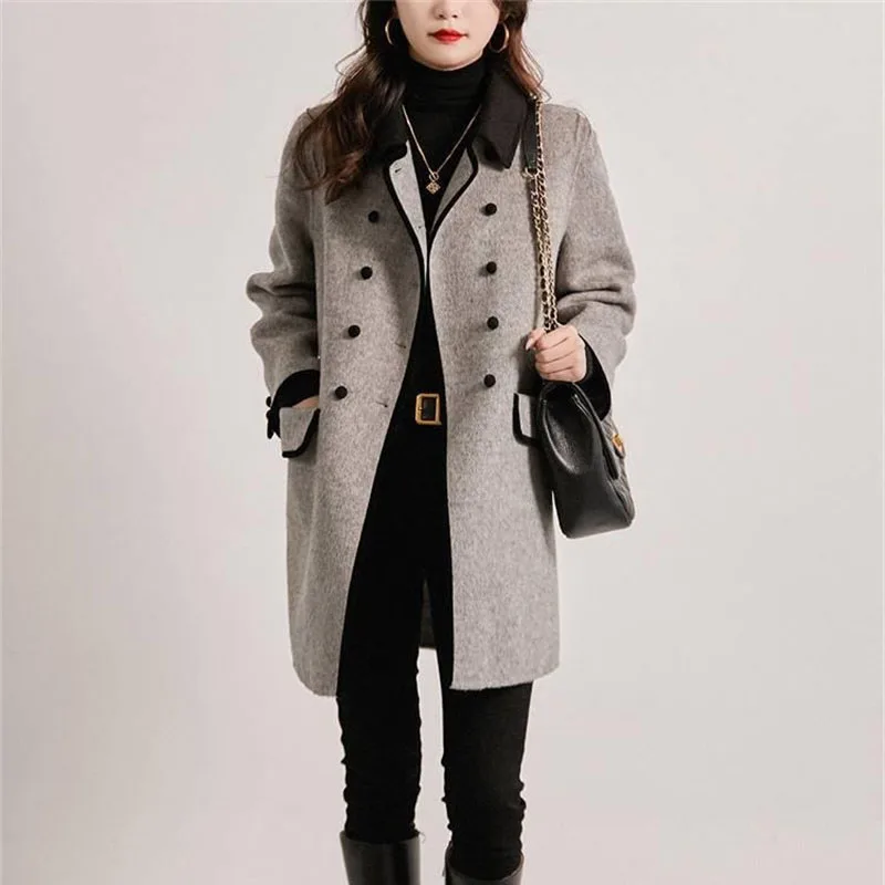 New High Quality Woolen Coat Female Autumn Winter Fashion Korean Slim Casual Versatile Style Contrast Color Wool Overcoat Women