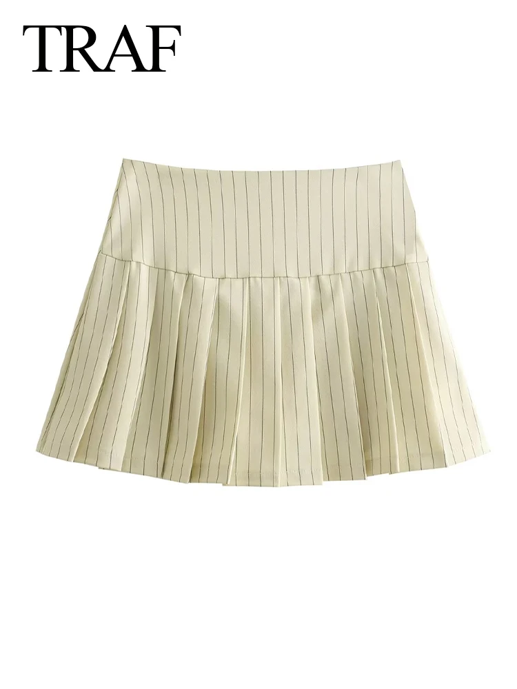 

TRAF 2024 Women Fashion High Waist Wide Pleats Skirts Chic Side Zipper Stripe A Line Sexy Party Slim Women's Mini Skirt Y2K