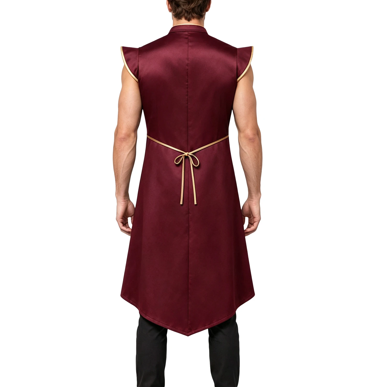 Men Medieval Long Vest Cap Sleeve Knot Button Satin Tunic Coat for Renaissance Fair Halloween Theme Party Steam-punk Jacket Coat view 4