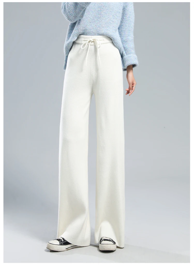 Temperament Cashmere Cloud Pants High Waist Drape Wide Leg Pants Women's White Casual Versatile Knitted Floor-mopping Trousers