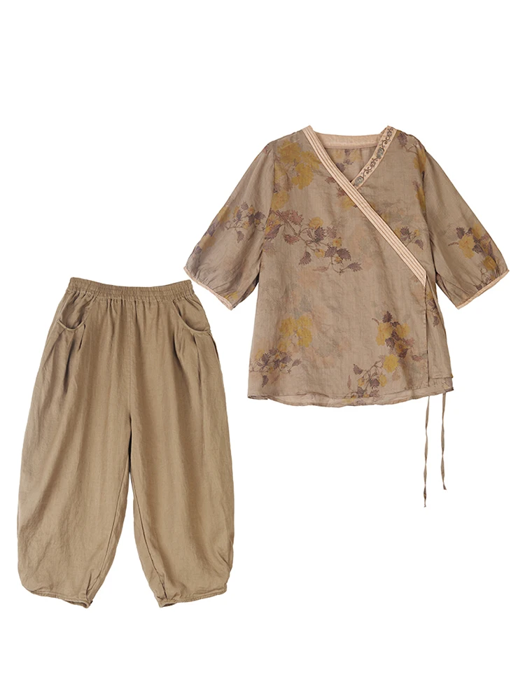 

Retro Cotton Linen Two-Piece Set Women Summer New Sle Slanting Lapel V-Ne Embroidered Print Casual Harlan Pants Loose Suit