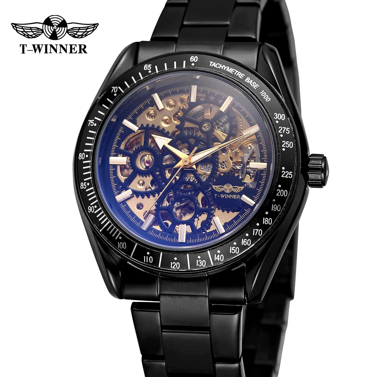 T-winner Casual minimalist Wind strip nail Gear half-hollow mechanical Watch Black Round watch Black belt Watch