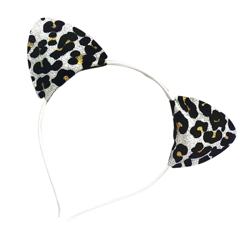 Q0KE Party Hairhoop Glittering Powder Cats Ear Hairband with Leopard Print for Birthday Party Women Music Festival Headwear