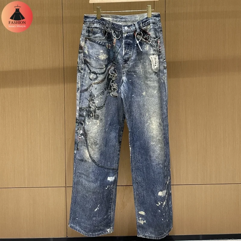 

High Quality 24SS AC Style 3D Printed Chain Street Jeans Men's Women's 100% Cotton Loose Vintage Straight Trousers