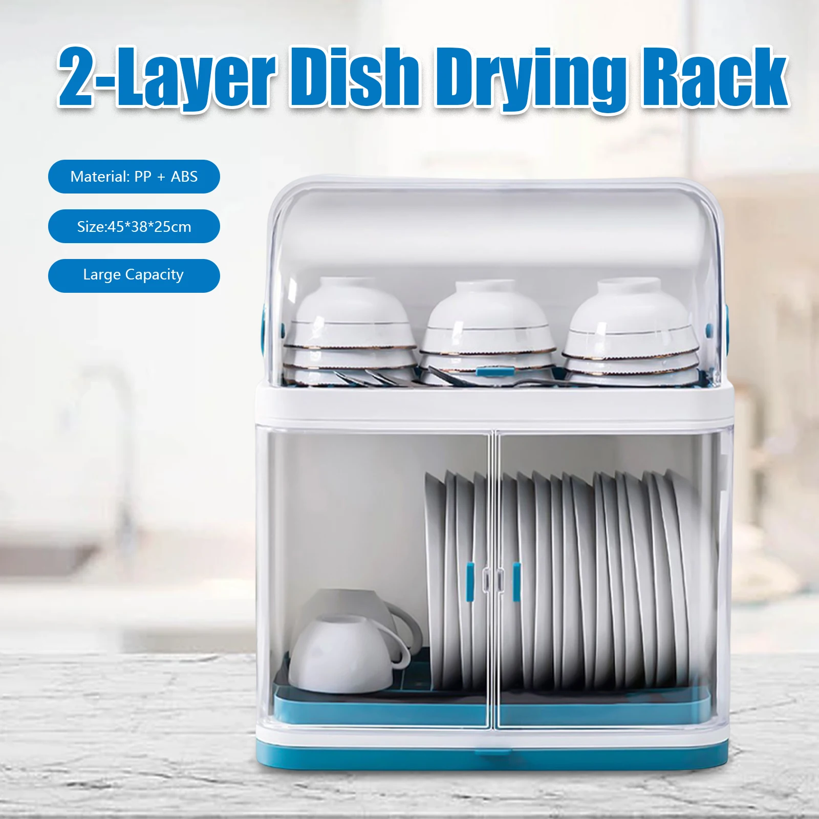 Organizer Storage Cup Holder Kitchen 2-Tier Dish Drying Rack Set, Drain Bowl Cup Plate Dish Drying Drainer w/Cover