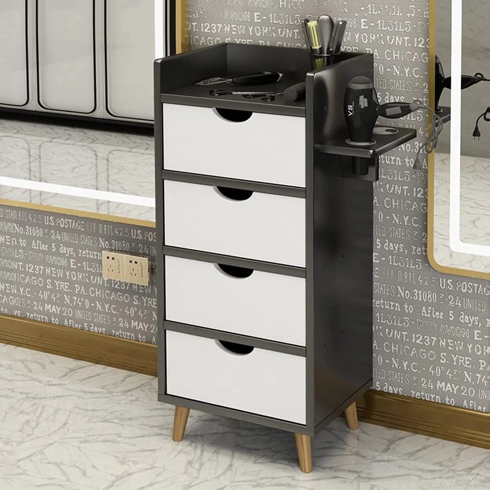 

Modern Style Wooden Barber Trolley for Beauty Salon Car Hair Rack with Hair Ring Grooming Furniture for Living Room or Bedroom