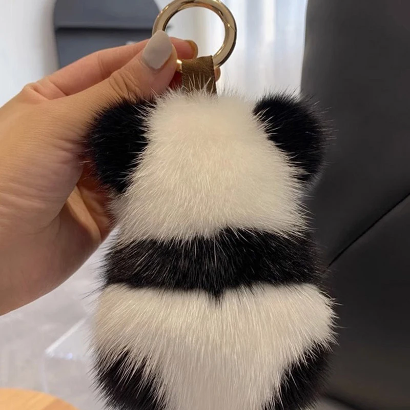 Boneka mewah Panda kecil wanita, ornamen tas Mink bulu imitasi Panda gantungan kunci mobil beruang lucu gantungan kunci mobil hadiah modis