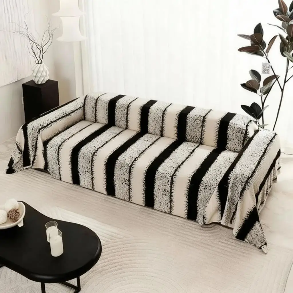 

Black And White Thick Striped Sofa Towel Bohemian Retro Style One-Piece Sofa Cover Cloth For Living Room Home Decor