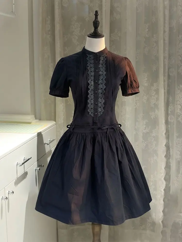 

Ancient dark style dress for 2026 summer, lace trimmed waist cinched dress, women's new style