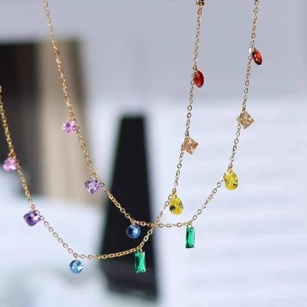 Simple 18k Gold Color Stainless Steel Collarbone Chain Necklace For Women Vintage Color Crystal Tassel Pendant Jewelry