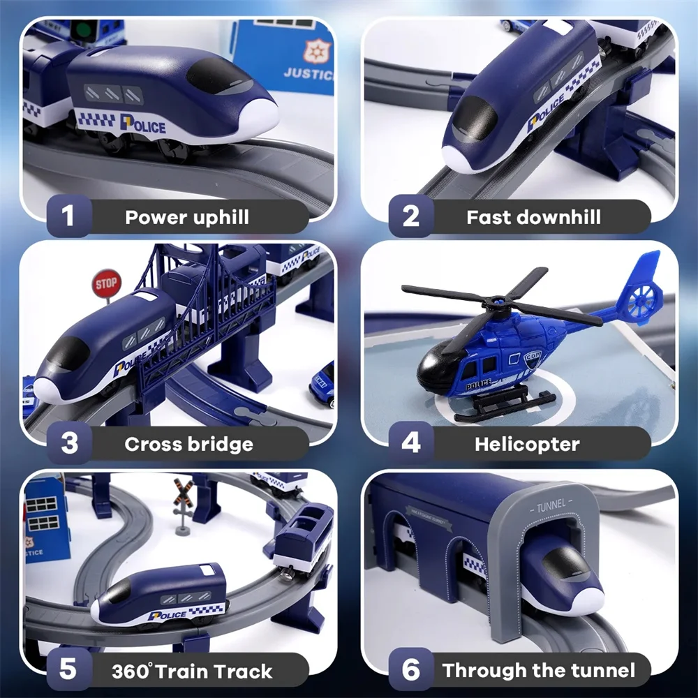 Conjunto de trem de brinquedos para crianças, conjunto de pista de corrida HDJ 92PCS para meninos, presente de aniversário de trem de Natal, brinquedo de polícia com carros, helicóptero (azul)