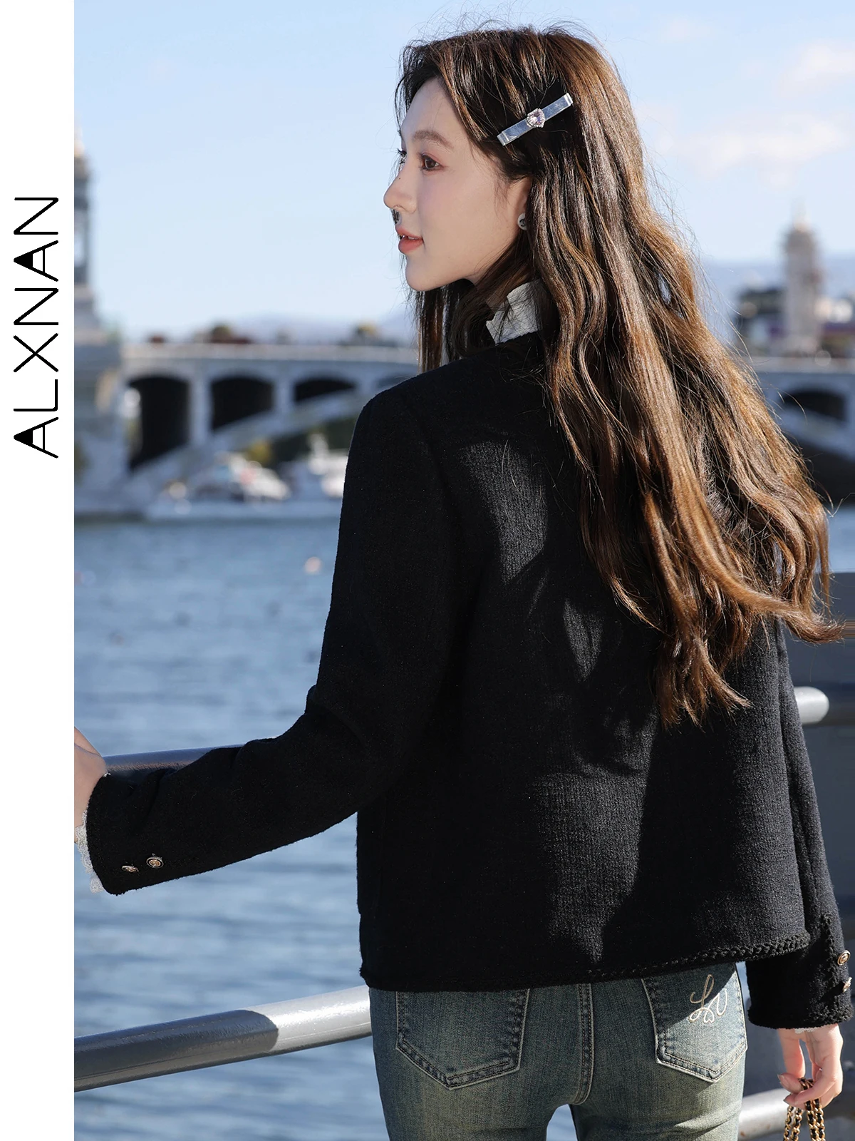 ALXNAN Giacca da donna in tweed con scollo a O 2024 Autunno Inverno Moda Cappotto a maniche lunghe monopetto allentato delicato venduto separatamente L33317