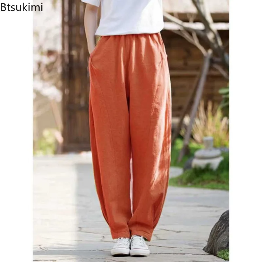 New Women's Loose Cotton Linen Casual Pants Solid Color Elastic Waist Lantern Pants 2026 Spring Summer Female Bloomers Trousers