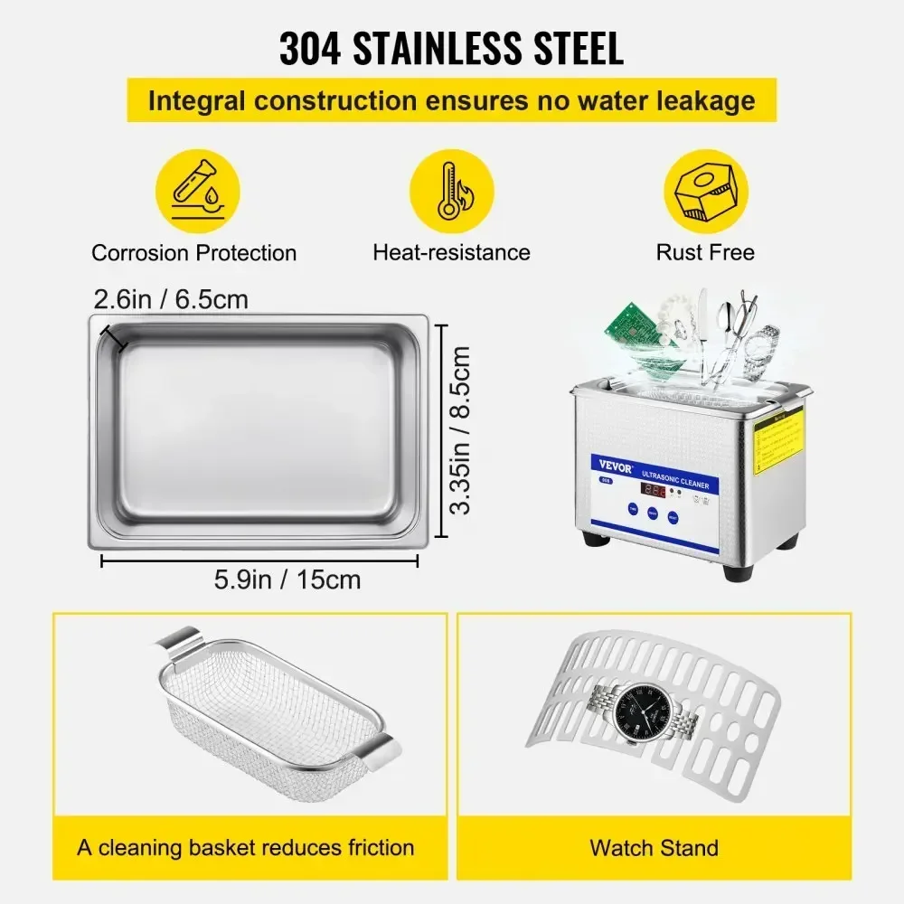 Vevor Ultraschall reiniger 2.2l digitaler Heizungs-Timer zur Reinigung von Schmuck reinigung Brille Edelstahl für den persönlichen Gebrauch