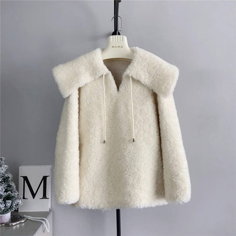 Korean Style Real Wool Coats For Women Autumn Winter New Peter Pan Collar Loose Warm Real Fur Pullovers Fashion Niche Tops