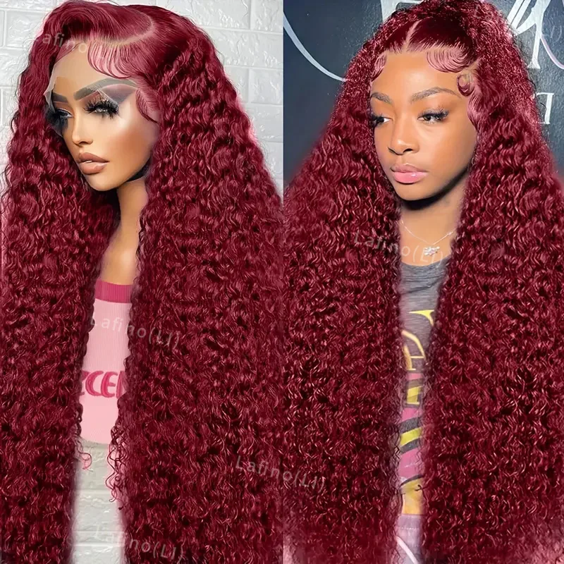 99J merah Burgundy berwarna gelombang dalam 13x4 transparan renda depan rambut manusia keriting 13x6 Hd renda Frontal Wig kepadatan 200 untuk wanita