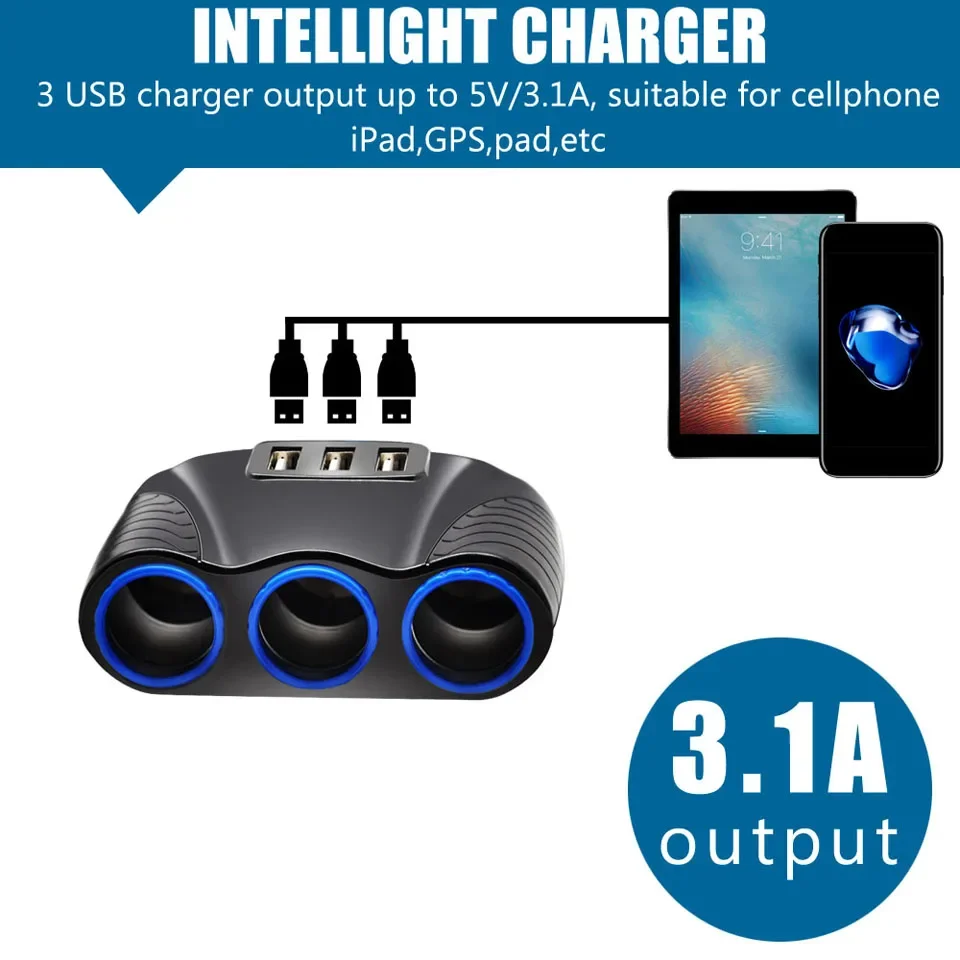 NEW 12V/24V 3 Way Auto Sockets Car Cigarette Lighter Adapter Lighter Splitter Lighter 5V 3.1A Output Power With 5 USB Charger