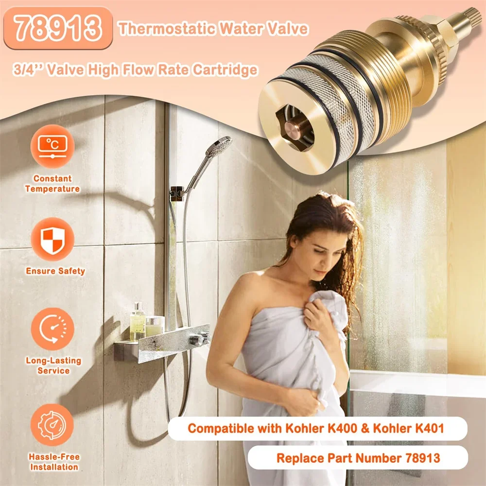 78913 Thermostatic Water Valve, 3/4’’ Valve High Flow Rate Cartridge Compatible with Kohler K400/K401 Interior Accessories Part